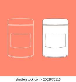 Caja redonda de metal con una pegatina para té u otros productos a granel. Esbozo vector de simulación realista.