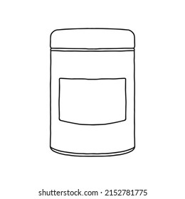 Round metal box with a sticker for tea or other bulk products. Outline vector realistic mockup.