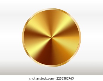 Round metal button or knob. Realistic gold or brass texture.3d vector illustration isolated on white background.