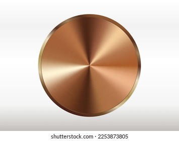 Round metal button or knob. Realistic copper or bronze texture.3d vector illustration isolated on white background.