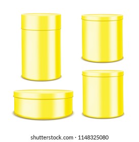 Round metal can for food, cookies and gifts. Isolated on white background.