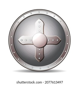 Round Metal Knight Shield. Realistic Vector Illustration Isolated On White Background