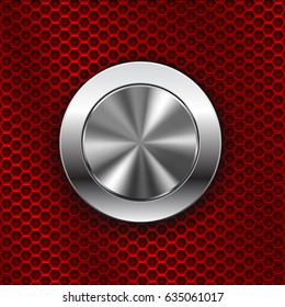 Round metal knob switch on red perforated background. Vector 3d illustration