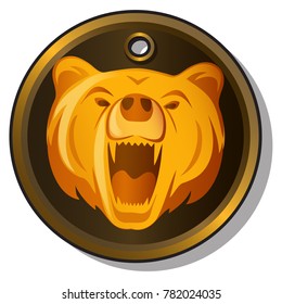 Round metal pendant with the engraved image of the muzzle of a growling bear isolated on white background. Vector cartoon close-up illustration.