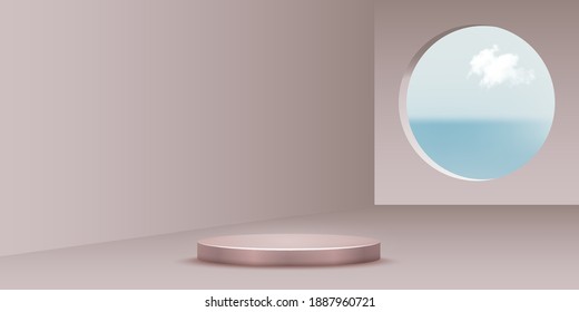 Round metal podium and circle window view background. Platform for product presentation, view on blue sky vector illustration. Abstarct interior design for presentation display.