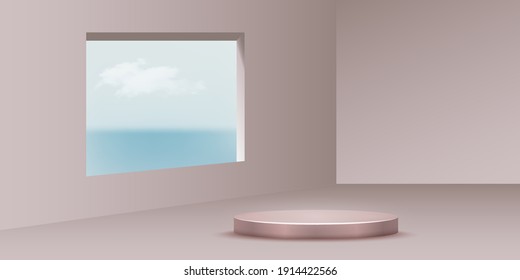 Round metal podium and rectangle window view background. Platform for product presentation, view on blue sky vector illustration. Abstarct interior design for presentation display.