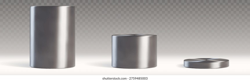 Round metal podiums of different height isolated on transparent background. Vector realistic illustration of 3d silver pedestals for product presentation, award ceremony stands, glossy steel stage