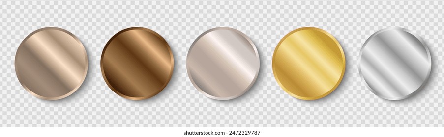 Round metal realistic frames, medals or stickers. Silver, gold, bronze medal template.