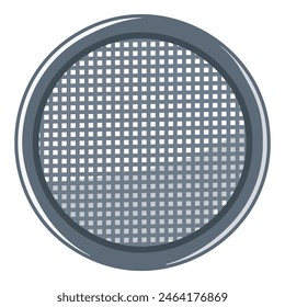 Round metal sieve illustration for kitchen utensil, cooking tool, and food preparation with fine mesh strainer and stainless steel material in vector graphic design