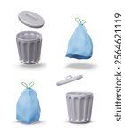 Round metal trash can with lid, trash bag with ties. Open aluminum container for household waste. Set of vector isolated templates in different positions