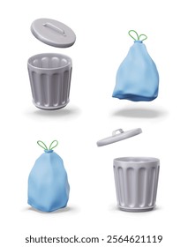 Round metal trash can with lid, trash bag with ties. Open aluminum container for household waste. Set of vector isolated templates in different positions