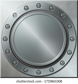 Round metallic background and frame with screws. Vector illustration.