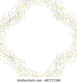 Round metallic confetti frame or border of random scatter golden and silvery circles, squares, stars, triangles and pentagons isolated on white.