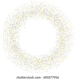 Round metallic confetti frame or border of random scatter golden and silvery circles, squares, stars, triangles and pentagons isolated on white.