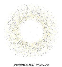 Round metallic confetti frame or border of random scatter golden and silvery circles, squares, stars, triangles and pentagons isolated on white.