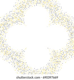 Round metallic confetti frame or border of random scatter golden and silvery circles, squares, stars, triangles and pentagons isolated on white.