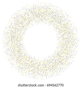 Round metallic confetti frame or border of random scatter golden and silvery circles, squares, stars, triangles and pentagons isolated on white.