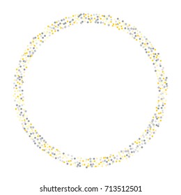 Round metallic confetti frame or border of random scatter golden and silvery circles, squares, stars, triangles and pentagons isolated on white.