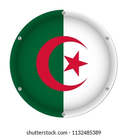 round metallic flag of Algeria with six screws in front of a white background