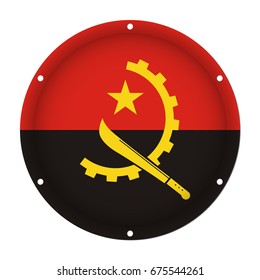 round metallic flag of Angola with six screw holes in front of a white background