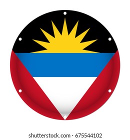 round metallic flag of Antigua and Barbuda with six screw holes in front of a white background
