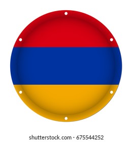 round metallic flag of Armenia with six screw holes in front of a white background