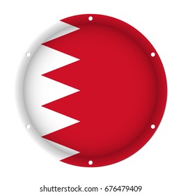 round metallic flag of Bahrain with six screw holes in front of a white background