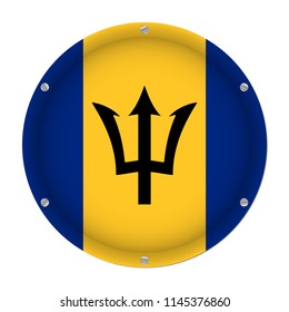round metallic flag of Barbados with six screws in front of a white background