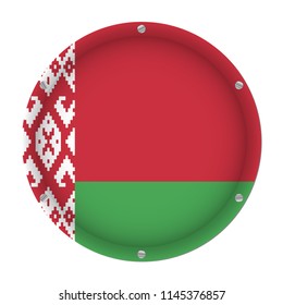 round metallic flag of Belarus with six screws in front of a white background