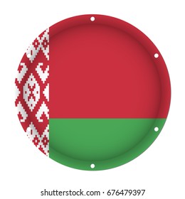 round metallic flag of Belarus with six screw holes in front of a white background