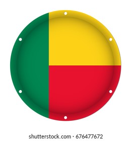 round metallic flag of Benin with six screw holes in front of a white background round metallic flag of Benin with six screw holes in front of a white background