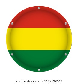 round metallic flag of Bolivia with six screws in front of a white background