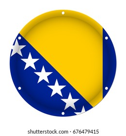 round metallic flag of Bosnia and Herzegovina with six screw holes in front of a white background