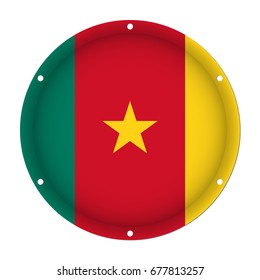 round metallic flag of Cameroon with six screw holes in front of a white background