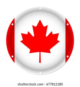 round metallic flag of Canada with six screw holes in front of a white background