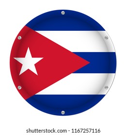 round metallic flag of Cuba with six screws in front of a white background