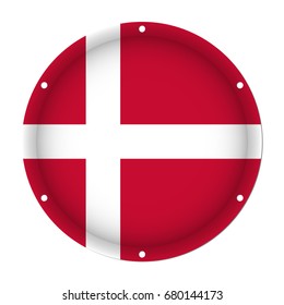 round metallic flag of Denmark with six screw holes in front of a white background