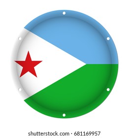 round metallic flag of Djibouti with six screw holes in front of a white background