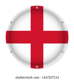round metallic flag of England with six screws in front of a white background