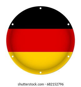 round metallic flag of Germany with six screw holes in front of a white background