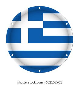round metallic flag of Greece with six screw holes in front of a white background