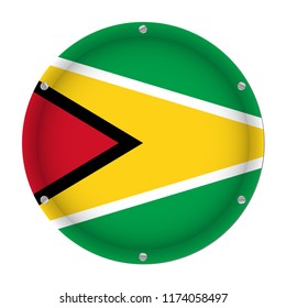 round metallic flag of Guyana with six screws in front of a white background