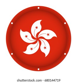 round metallic flag of Hong Kong with six screw holes in front of a white background
