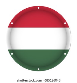 round metallic flag of Hungary with six screw holes in front of a white background