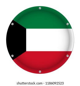 round metallic flag of Kuwait with six screws in front of a white background