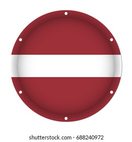 round metallic flag of Latvia with six screw holes in front of a white background