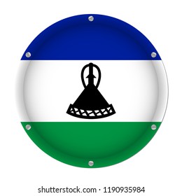 round metallic flag of Lesotho with six screws in front of a white background