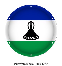 round metallic flag of Lesotho with six screw holes in front of a white background