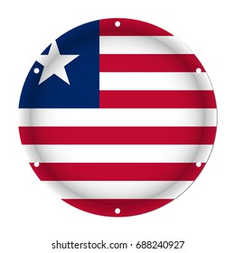 round metallic flag of Liberia with six screw holes in front of a white background