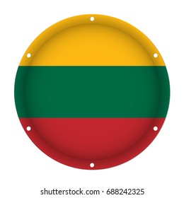 round metallic flag of Lithuania with six screw holes in front of a white background